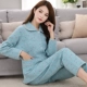 Bộ đồ ngủ cotton thoáng mát của phụ nữ Hàn Quốc mùa thu và mùa đông cotton tinh khiết dài tay ấm áp và bộ đồ mặc nhà mùa thu dày rộng rãi - Giống cái