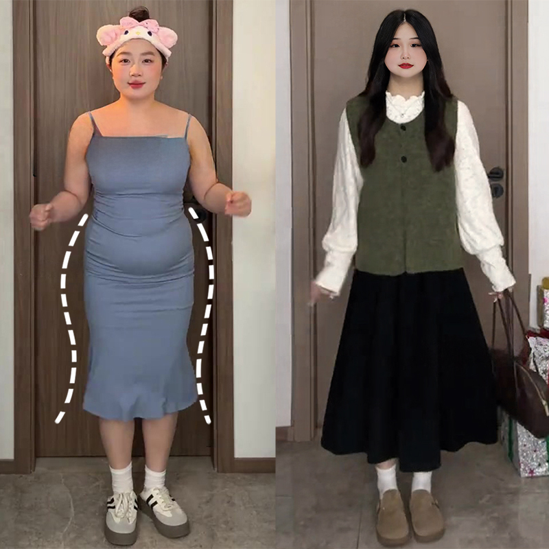 Plus-Size Women's Chanel-Style Suit for Autumn, Pear-Shaped Body, Slimming Vest, Skirt, Three-Piece Set