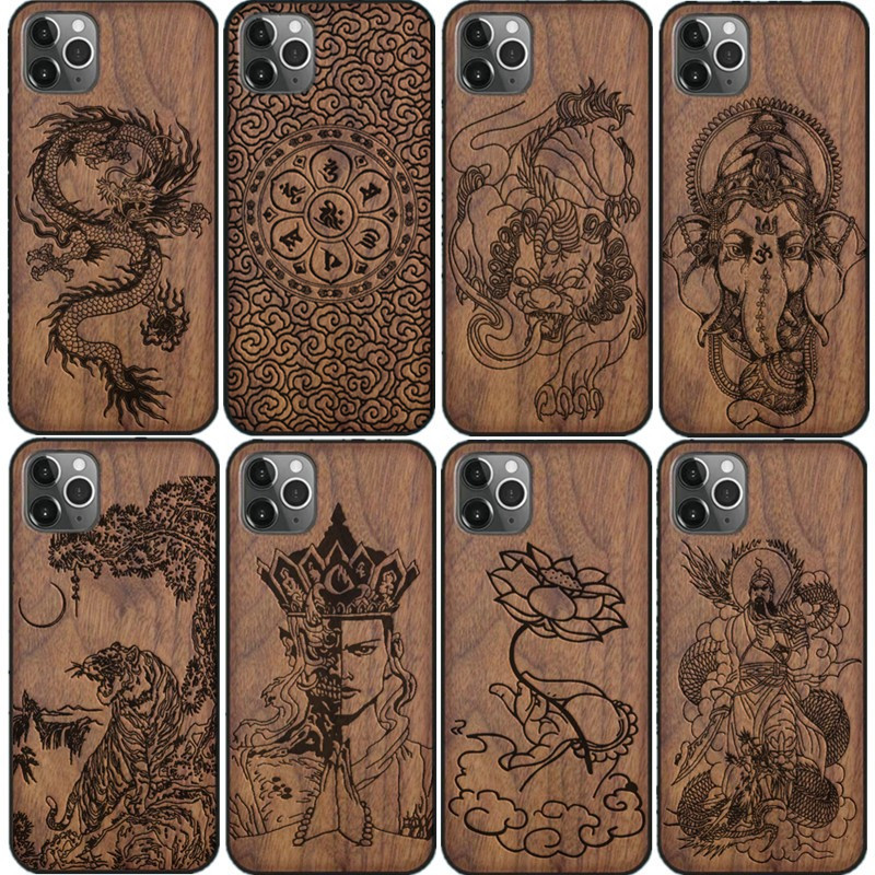 Pixiu Apple 15Pro Max Wooden Phone Case 14 Plus Walnut Carving Iphone16 Pro Protective Case Anti-Fall 12 Retro Chinese Style 13Mini Personalized New Model for Men and Women Suitable for 11