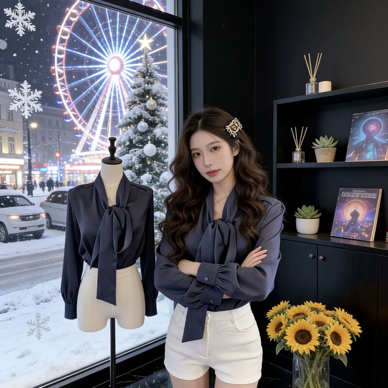 French-Style White Bow Ribbon Shirt for Women, High-End Spring and Autumn Inner Wear, Light Luxury, Age-Reducing, Stylish Chiffon Shirt