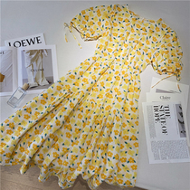 Floral bubble sleeve lace dress 2021 summer dress Korean version of loose medium long French Platycodon grandiflorum tea break skirt women