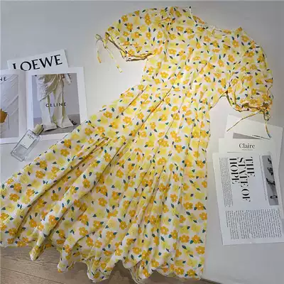 Floral bubble sleeve lace up dress 2021 summer dress Korean version Loose medium and long version French Platycodon grandiflorum tea break skirt women