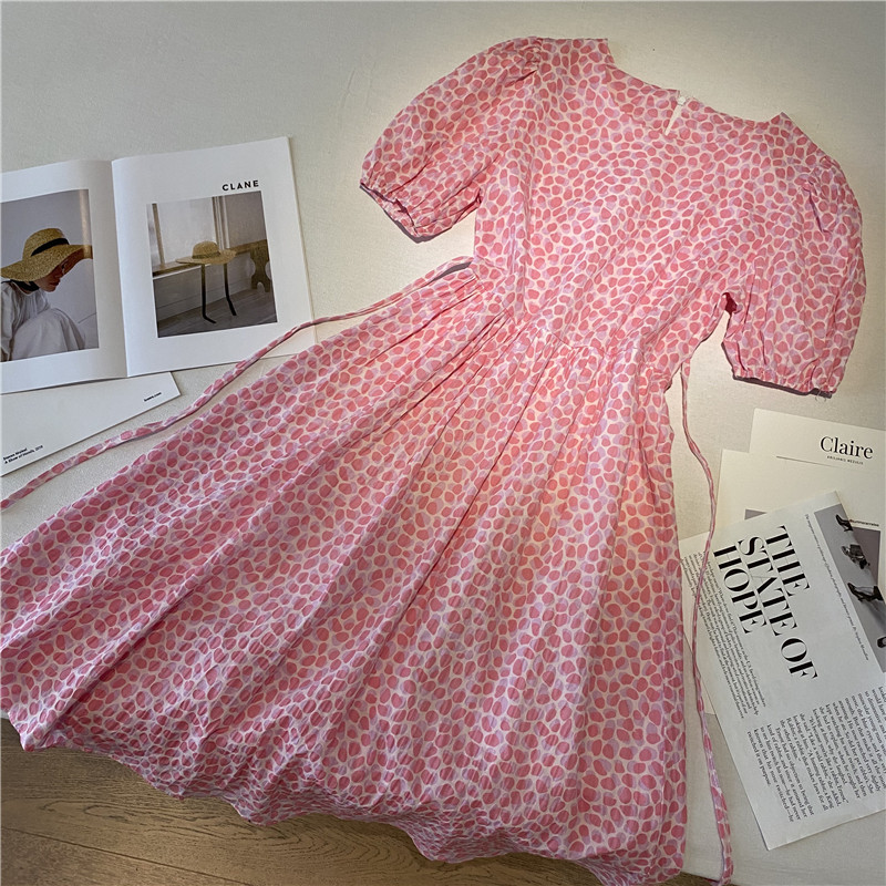 Pink floral French dress 2023 summer new Korean version loose mid-length tie-up thin first love skirt female