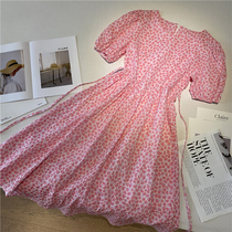 Pink floral French dress 2021 summer new Korean version of loose long lace Slim first love skirt women