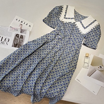Navy collar floral French bubble sleeve dress 2021 summer dress Korean version of loose middle length first love skirt female