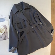 Loose lace-up short windbreaker women 2021 autumn dress Korean Plaid mosaic English double-breasted small man coat