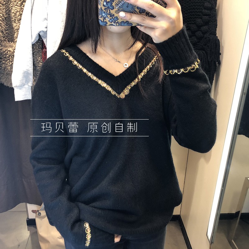 Mùa thu sản phẩm mới za nữ trang trí chuỗi áo len cổ chữ V chạm đáy áo len ra6873 / 142 6873142 cardigan nam