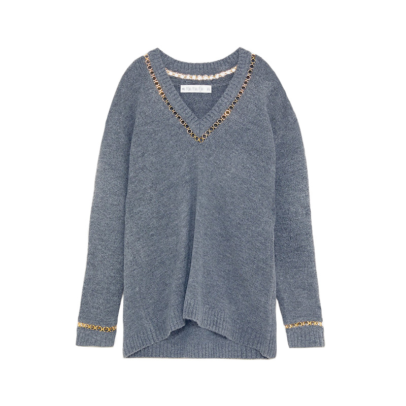 Mùa thu sản phẩm mới za nữ trang trí chuỗi áo len cổ chữ V chạm đáy áo len ra6873 / 142 6873142 cardigan nam