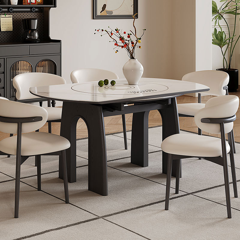Modern Minimalist Slate Dining Table and Chair Set, Solid Wood, Built-In Electric Turntable, Small Apartment, Extendable and Foldable Round Table