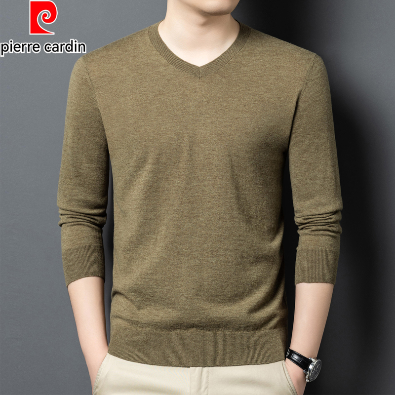 Pierre Cardin 100% Sheep Wool Sweater V-Neck Men's Thin Sweater Autumn and Winter Sweetheart Collar Warm Base Knitwear