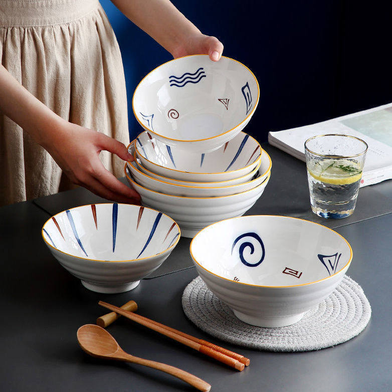 Japan-style Pull Noodles Bowl Salanoodles Bowl Taste one thousand Noodles Bowl Retro Soup Bowl High Foot Big home Ceramic Ware Cutlery