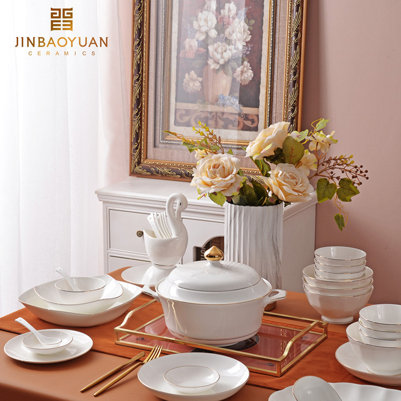 2023 New Gold-Rimmed Bowl and Plate Set for Home Use, Modern Light Luxury Bone China Tableware, Ceramic Bowls and Plates, Bowl and Chopsticks Set, Housewarming Gift