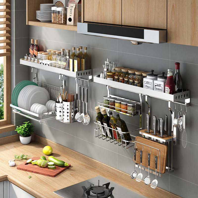 304 stainless steel kitchen shelf free punching wall hanging seasoning rack hanging rack wall knife rack condiment storage rack