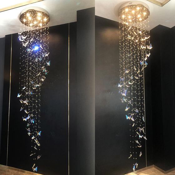 Villa Duplex Staircase Crystal Chandelier Light Luxury Living Room Lamp Butterfly Loft High Ceiling Hollow Apartment 2024 New Model