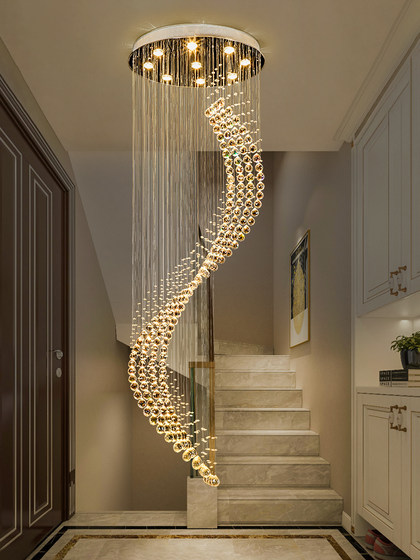 Staircase Chandelier, Spiral Staircase Light, Long Chandelier, Modern Minimalist Duplex Villa, Mezzanine, Large Living Room Crystal Chandelier