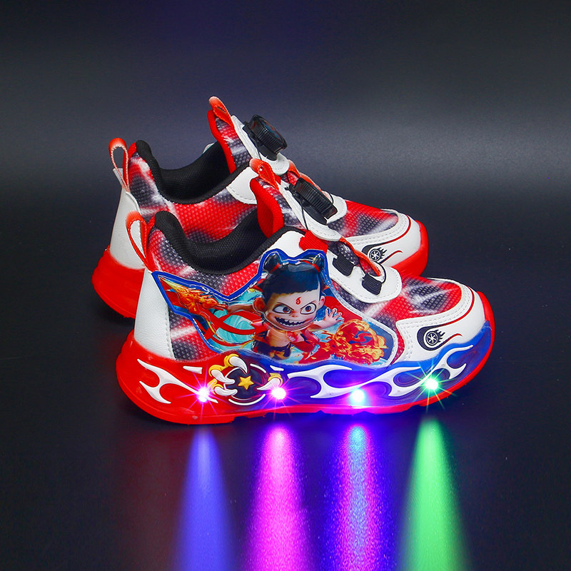Nezha Boys' Shoes 2025 Autumn and Winter New Children's Sports Shoes with Fleece and Lights, Boys' Light-Up Casual Cotton Shoes