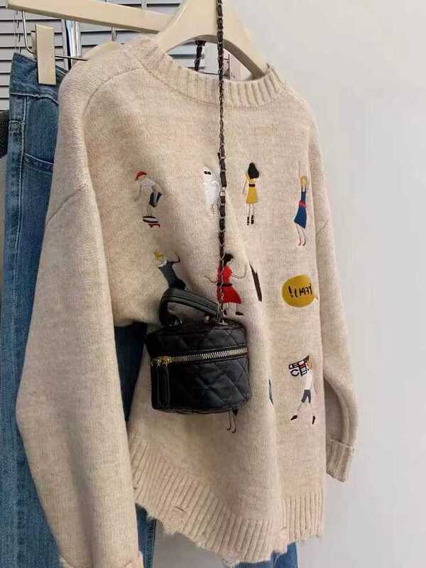 Fun Cartoon Embroidery Lazy Style Soft Round Neck Sweater for Women, Autumn and Winter Thick Pullover Knit Top