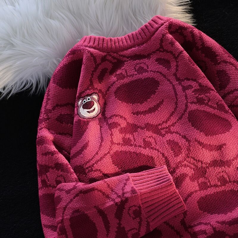 Japanese-Style Cute Strawberry Bear Pink Sweater for Women, Autumn and Winter, Fleece-Lined, Loose, Lazy Style, Soft and Fluffy Knit Cardigan