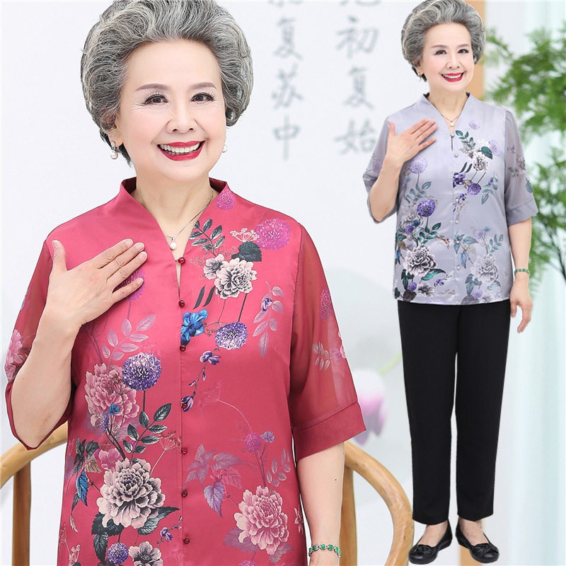 Grandma summer dress short sleeve mom Tang dress elderly woman 70-year-old 60-year-old clothes summer suit mrs clothing