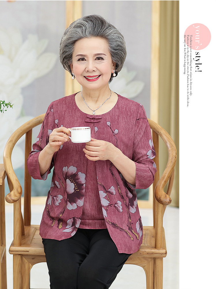Bà già quần áo mùa xuân bà ngoại 60 tuổi Mẹ trung niên set áo ngắn tay mùa xuân và áo thu 70 đầm tuổi trung niên