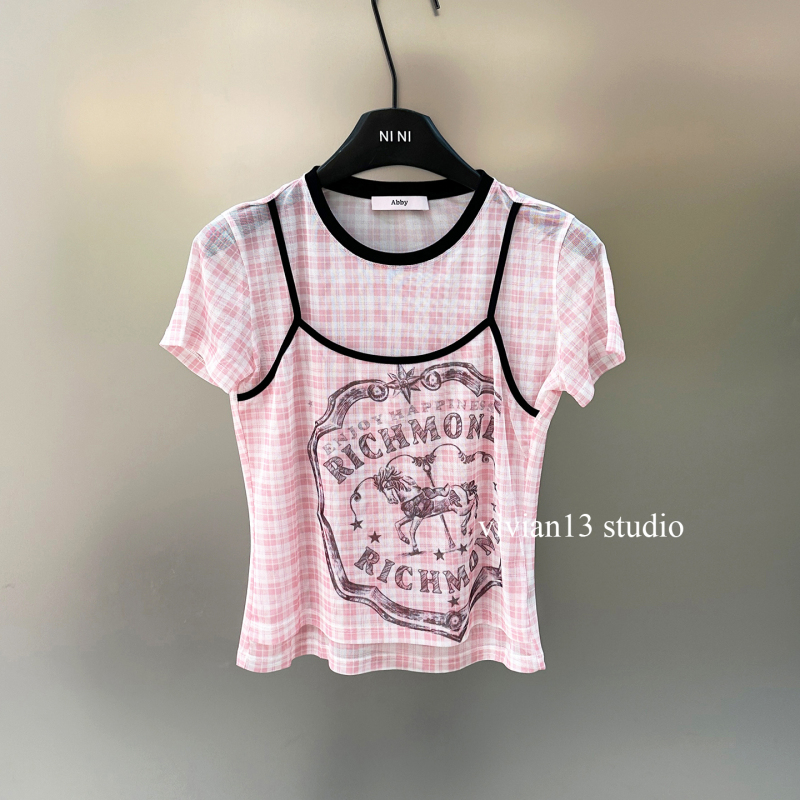 Ab Y2K Millennial Sweet Girl Pink Plaid Pony Print Short Sleeve T-Shirt for Women Fake Two-Piece Patchwork Mesh Top Ab Y2K Millennial Sweet Girl Pink Plaid Pony Print Short Sleeve T-Shirt for Women Fake Two-Piece Patchwork Mesh Top