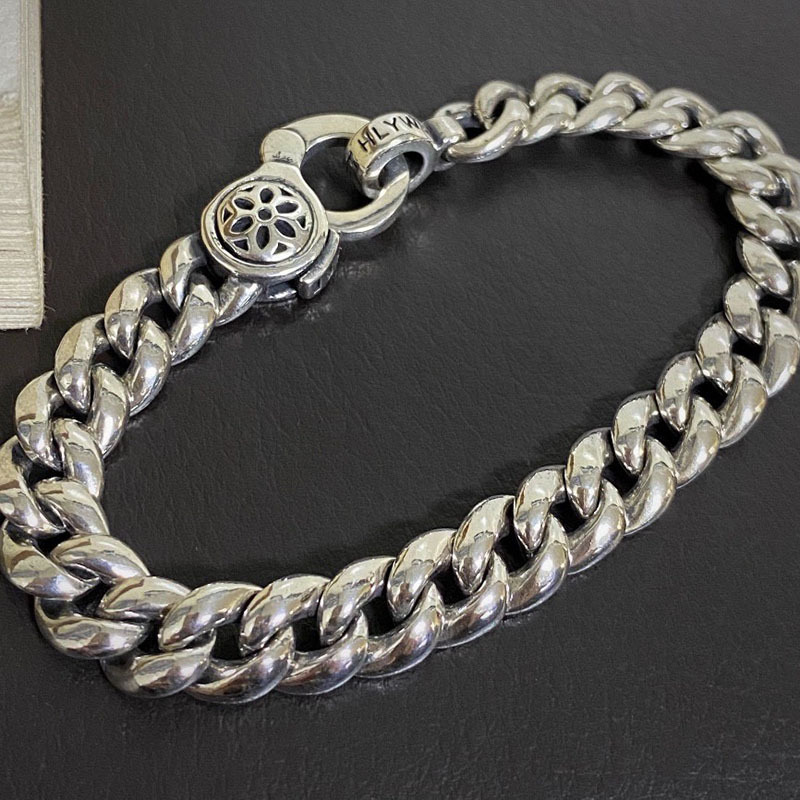 S925 Sterling Silver Heavy-Duty Cherry Blossom Smooth Cuban Bracelet, Vintage Fashion, Versatile, Unisex Tank Bracelet