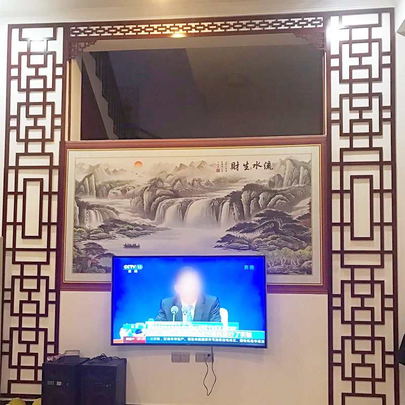 New Chinese TV background wall decorative border Logo wall solid wood partition antique lattice hollow carved board customization