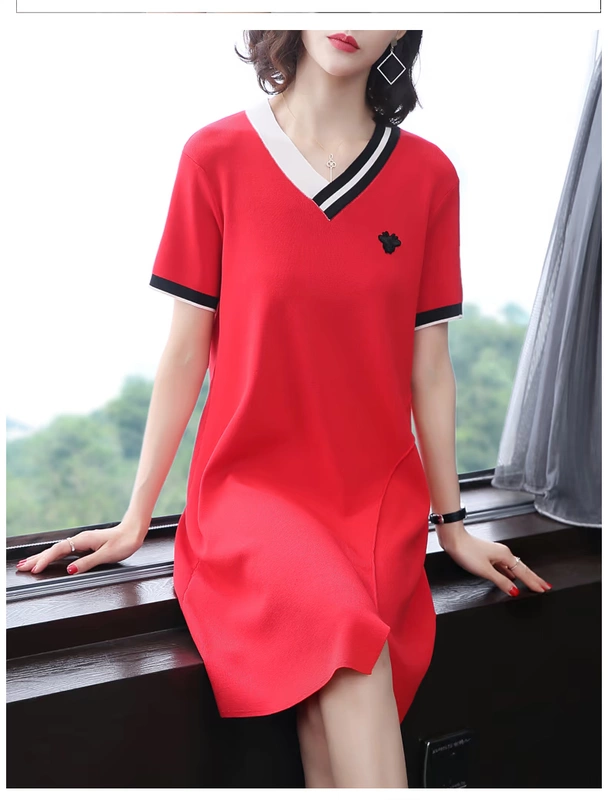Nina trôi 2018 đầu mùa thu phụ nữ mới của màu sắc tương phản v-cổ thời trang giản dị hoang dã chia ngắn tay đan đầm váy suông