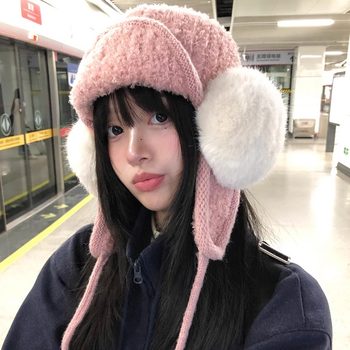 Atmospheric face-showing small pink plush knitted hat for women 2025 winter warm hat ear protection woolen hat lei feng hat