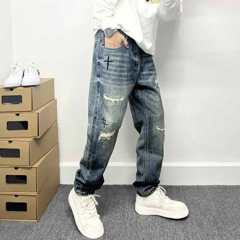 Blue Embroidered Cool Tapered Jeans for Men, Loose Fit, Straight Leg, Trendy Brand, Tapered Fit, Straight Leg Long Pants