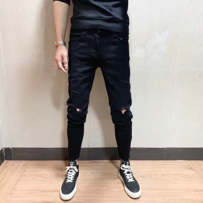 Men's tight pure black ripped skinny jeans, Korean style trendy slimming stretch 9-inch pants, youth pants