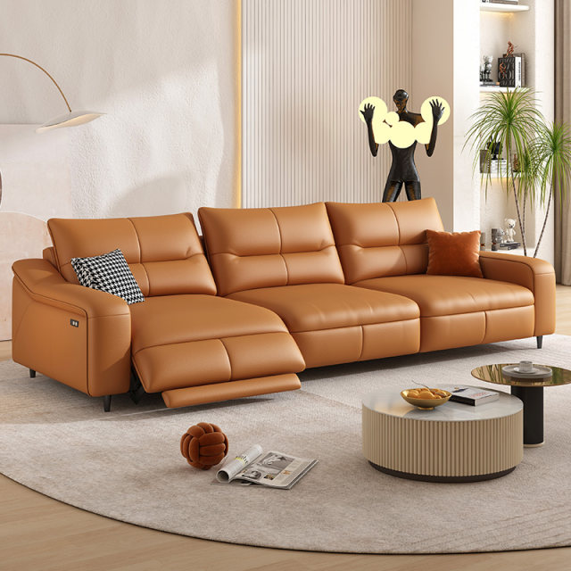 Zero-back wall electric sofa ຫນັງ multi-functional ຊັ້ນທໍາອິດ cowhide ຫ້ອງຮັບແຂກ retractable ສາມຄົນຊັ້ນທໍາອິດຫ້ອງ sofa ຊັ້ນທໍາອິດ