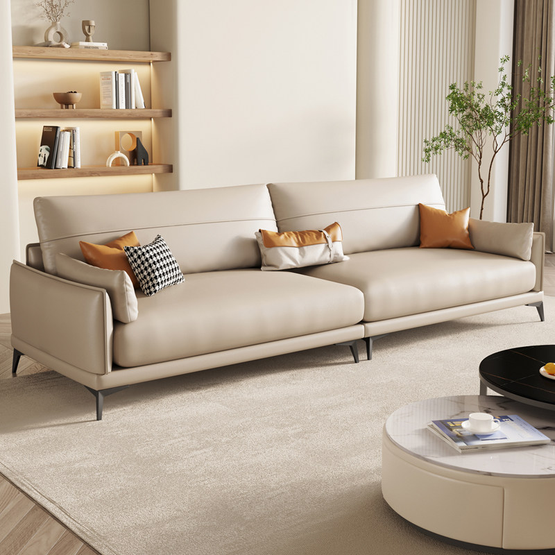 Modern minimalist first layer real leather sofa small apartment living room Italian minimalist light luxury straight row four-seat leather sofa