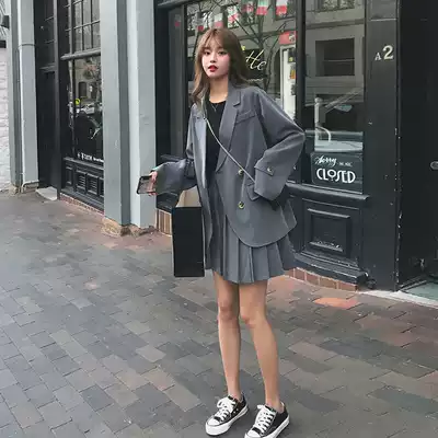 Net red Hong Kong wind chic small suit jacket women's suit skirt 2020 Spring New Korean loose jk uniform two-piece