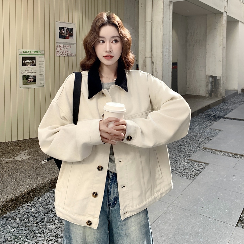 Off-White Designer Denim Patchwork Jacket for Women 2025 Early Korean Style Fashionable and Age-Reducing Petite Jacket
