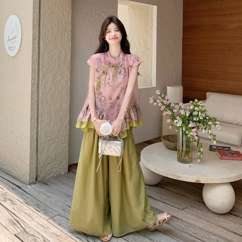 Pink Jacquard Color-Blocked Ruffled Chinese-Style Top and Wide-Leg Pants Two-Piece Set for Women, Popular Summer Trend This Year