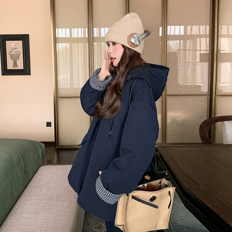 Navy Blue Plaid Color-Block Hooded down Jacket for Women, New Winter Korean Style, Thickened and Warm, White Duck down Parka