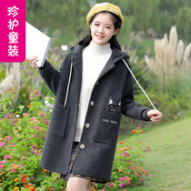 Autumn and winter hooded woolen coat female big boy Korean version slim loose mid-length girl student cute woolen coat