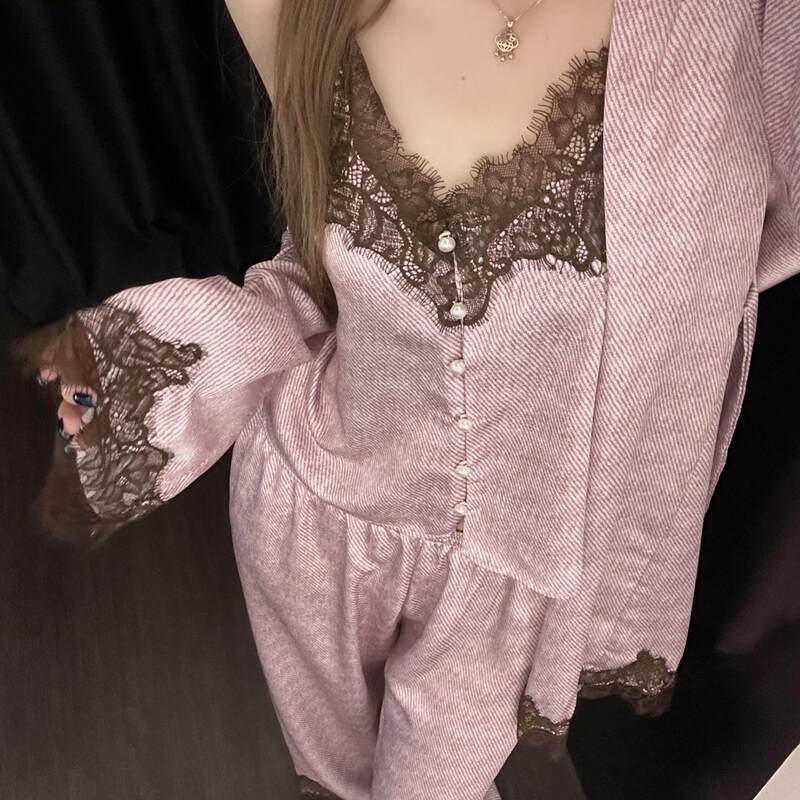 Victorian Style Silk Camisole Pajamas for Women 2026 New Autumn Ice Silk Lace Trim Loungewear Three-Piece Set Victorian Style Silk Camisole Pajamas for Women 2026 New Autumn Ice Silk Lace Trim Loungewear Three-Piece Set