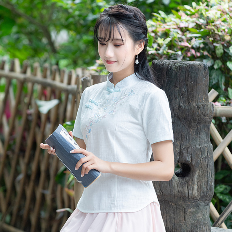 Kiểu Trung Quốc hàng đầu của phụ nữ mùa hè cải thiện thời trang Trung Quốc gió cỡ mang bên mình lanh ngắn kiểu bông Tang ăn mặc gió của Trung Quốc sườn xám phù hợp