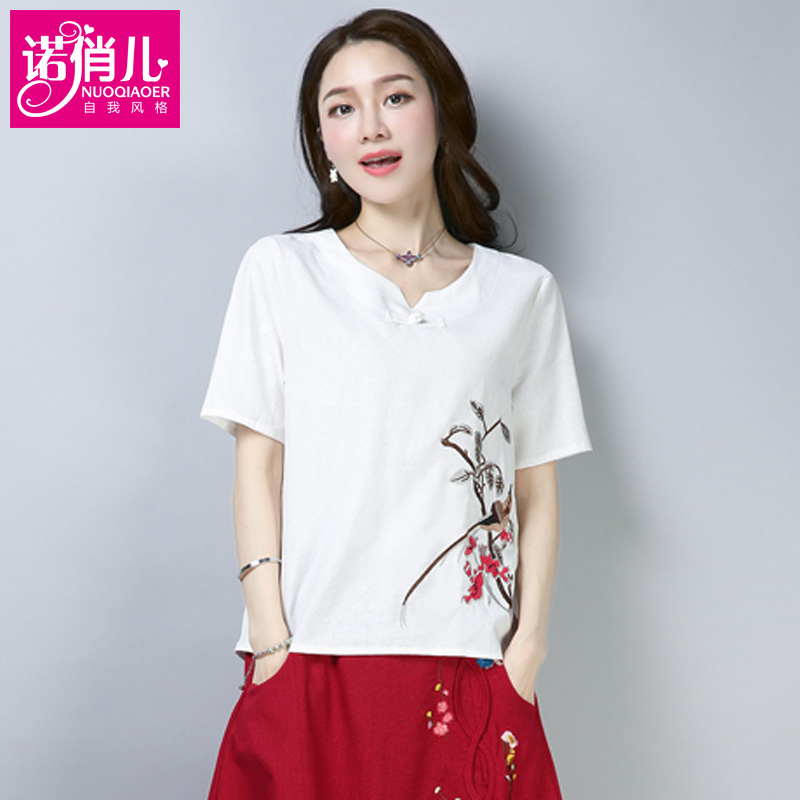 gió quốc gia lớn mặc đang của phụ nữ Trung Quốc gió cải thiện tấm bông khóa ngắn sleeveloose t-shirt đầu phù hợp với trà kiểu Trung Quốc