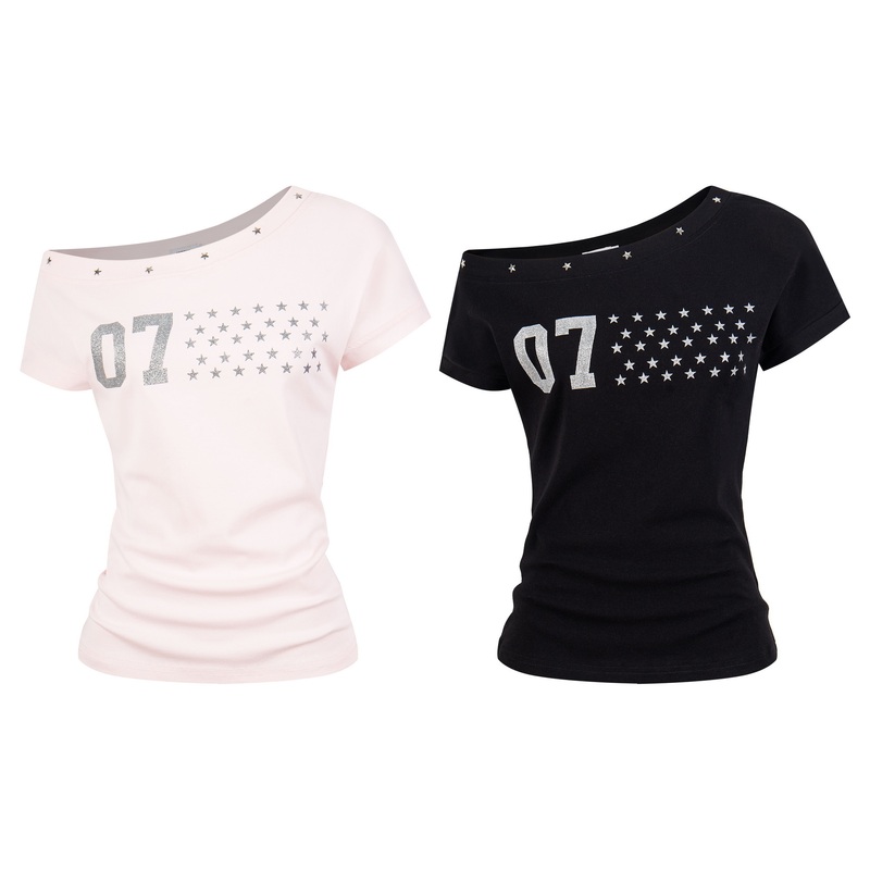 Fugxx Spicy Girl Style Off-Shoulder Short-Sleeve T-Shirt with Star and Number 07 Print Design, American Street Style Slimming Top Fugxx Spicy Girl Style Off-Shoulder Short-Sleeve T-Shirt with Star and Number 07 Print Design, American Street Style Slimming Top