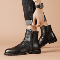 Martin boots mens all-match trend zipper high-top pointed leather short boots mens British style inner increase high-top leather boots