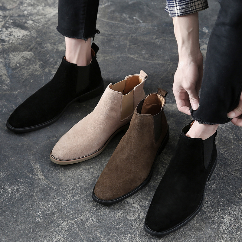 Martin Boots Men's Short Boots with Hidden Height Increase, Fleece-Lined British Style Genuine Leather High-Top Shoes, Trendy Versatile Suede Chelsea Boots for Men