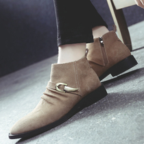 Genuine leather martin boots mens high-top British style plus velvet zipper inner heightened pointed toe shoes scrub suede cowhide short boots