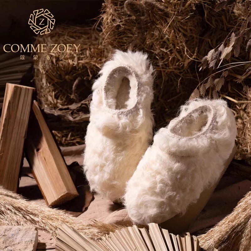 Foreign Trade Goatskin All-In-One Women's Shoes Slip-On Slippers 6.5cm Teddy Fur Shoes Blogger Style