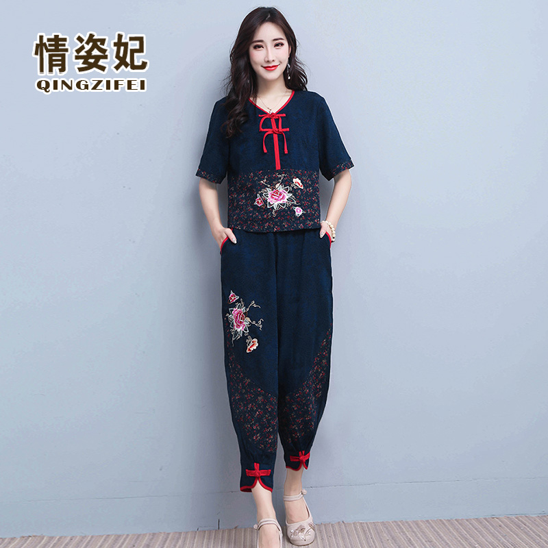 mùa hè Trung Quốc Tang phù hợp với phụ nữ trang phục quốc gia theo phong cách retro thêu bông áo quần rộng chân lanh hai mảnh bộ