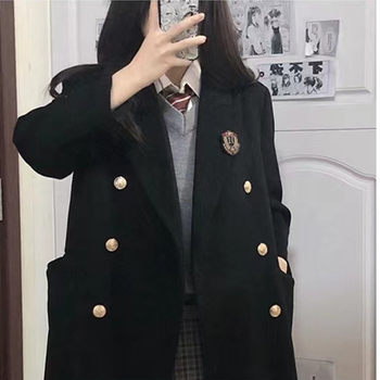 New jk college style right shoulder suit jacket double breasted korean style mid-length double-sided cashmere coat black slimming