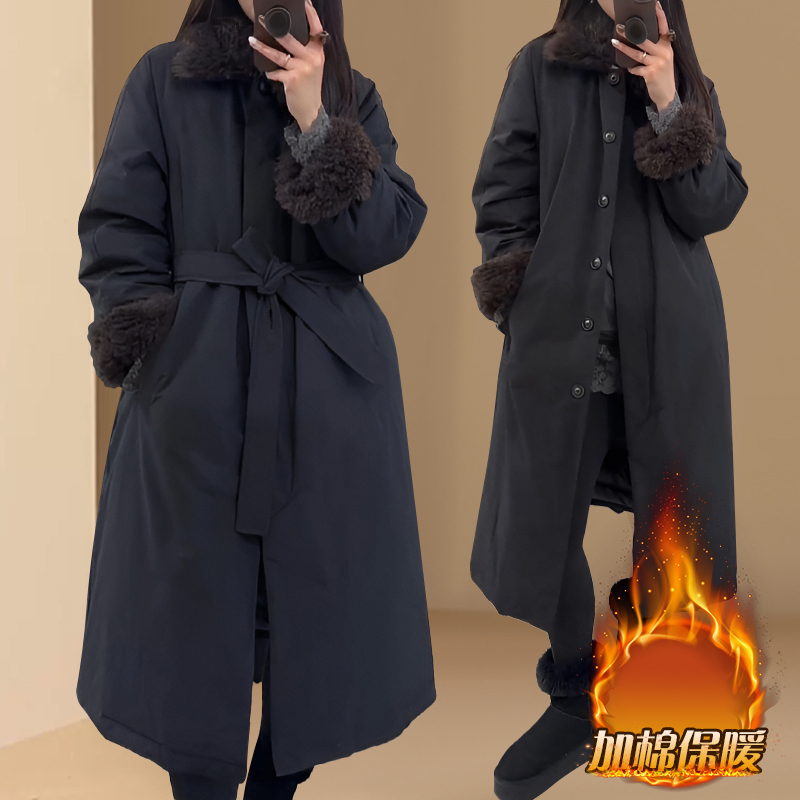 Korean Style Furry Lapel Pie Jacket for Women in Autumn and Winter Mid-Length Lace-Up Waist Slimming Look Quilted Warm Cotton Jacket