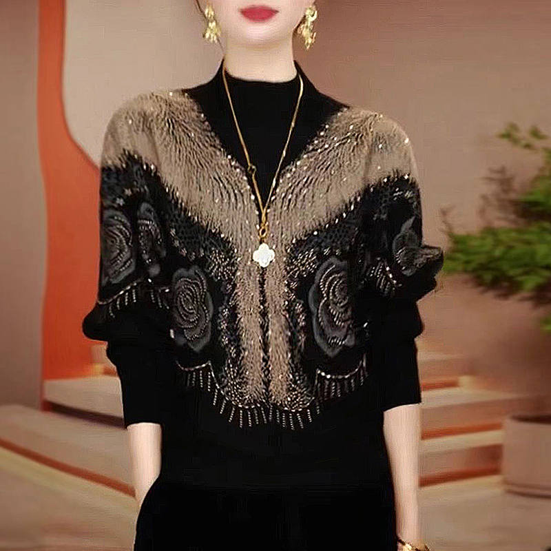 Knitted Sweater for Women, Stylish and Age-Reducing, with Rhinestone Rose Jacquard Wool Top, 2025 Winter Pullover, Slimming and Elegant Sweater